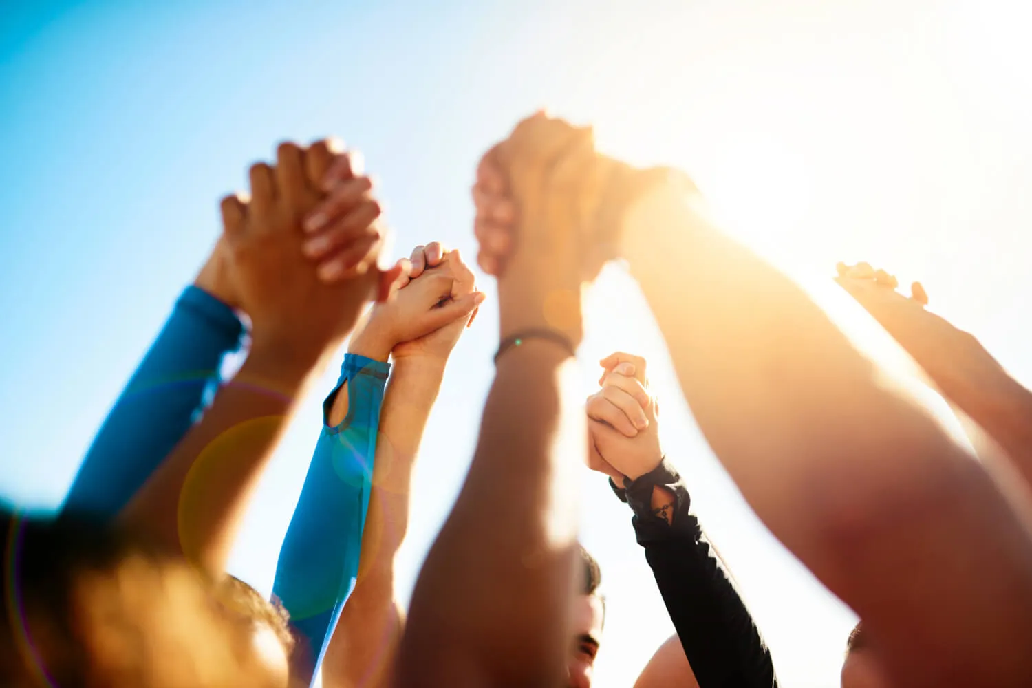 Group of people holding hands and celebrating